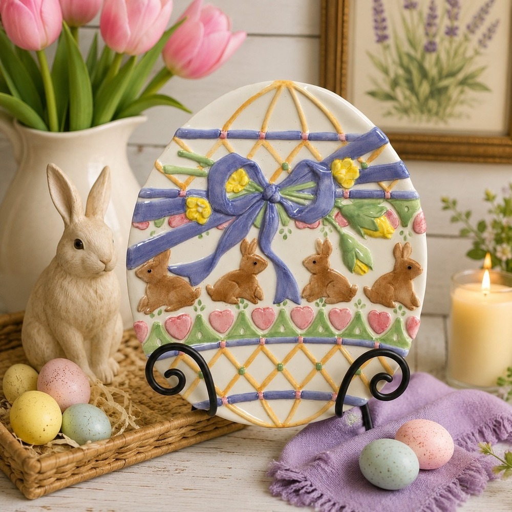 Set of 4 Fitz & Floyd Easter Bunny Canape Dessert Plates Embossed Rabbit Spring
